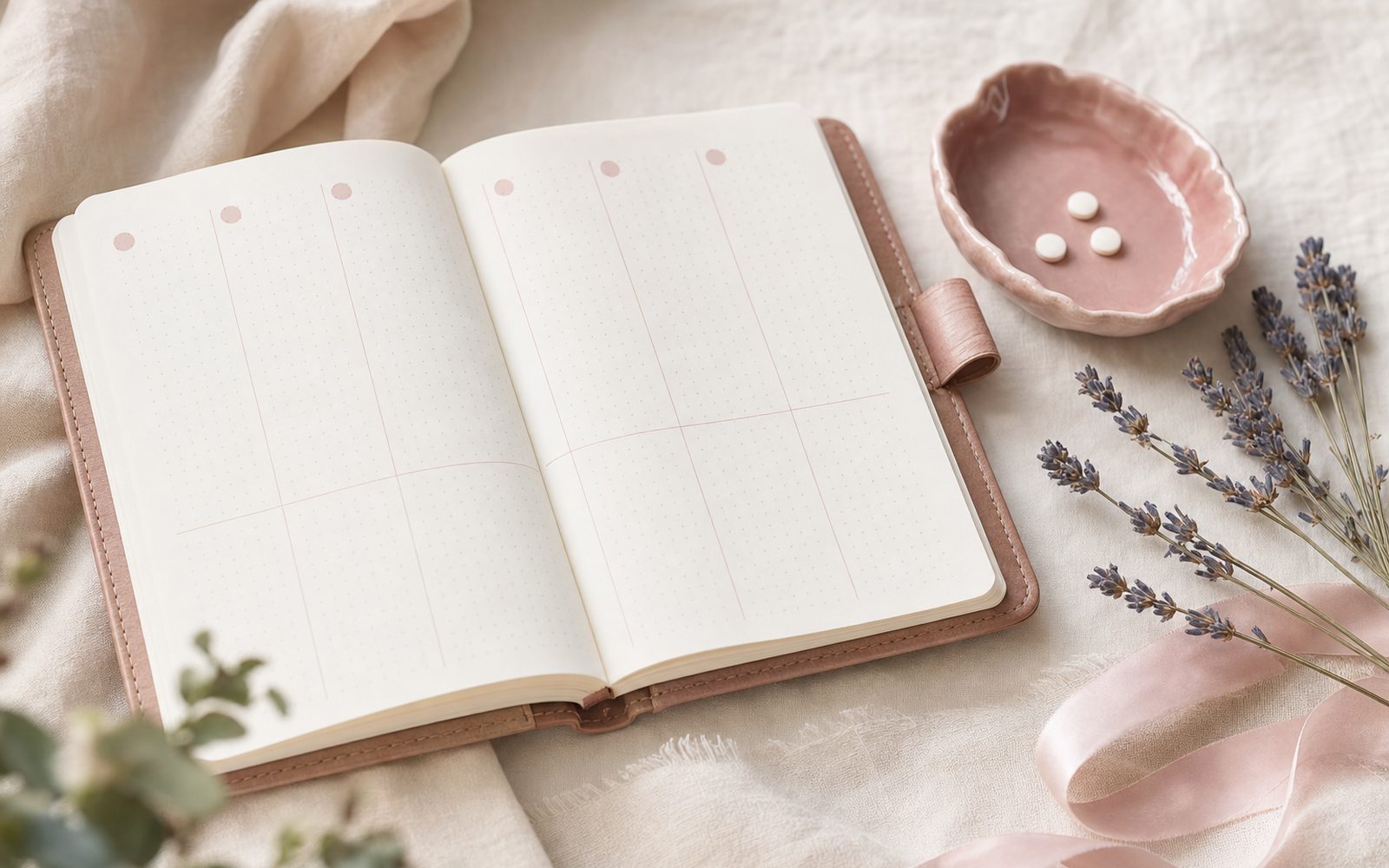 Soft flat lay with a planner, pills in a pastel dish, dried lavender — GLP-1 and birth control pill interaction