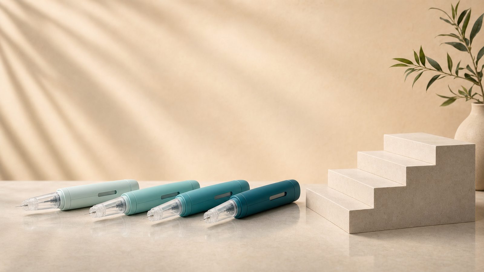 Four sleek injection pens arranged in ascending dose shades on a soft cream surface