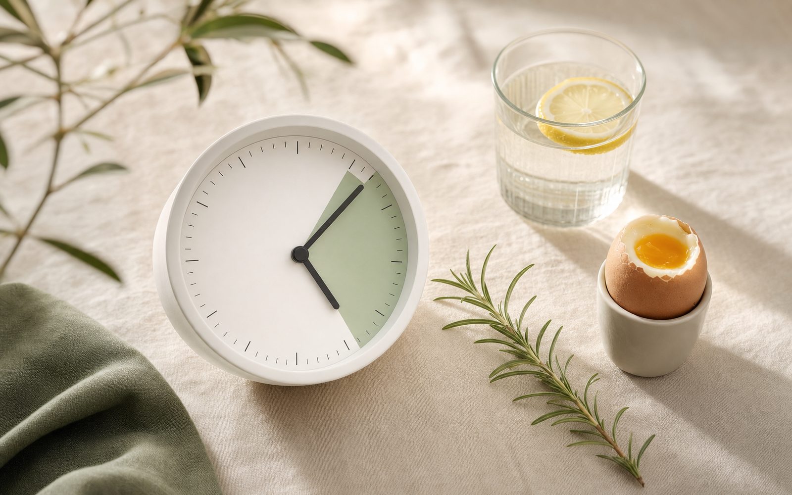 Wellness flat lay representing GLP-1 and intermittent fasting: clock, water with lemon, soft-boiled egg