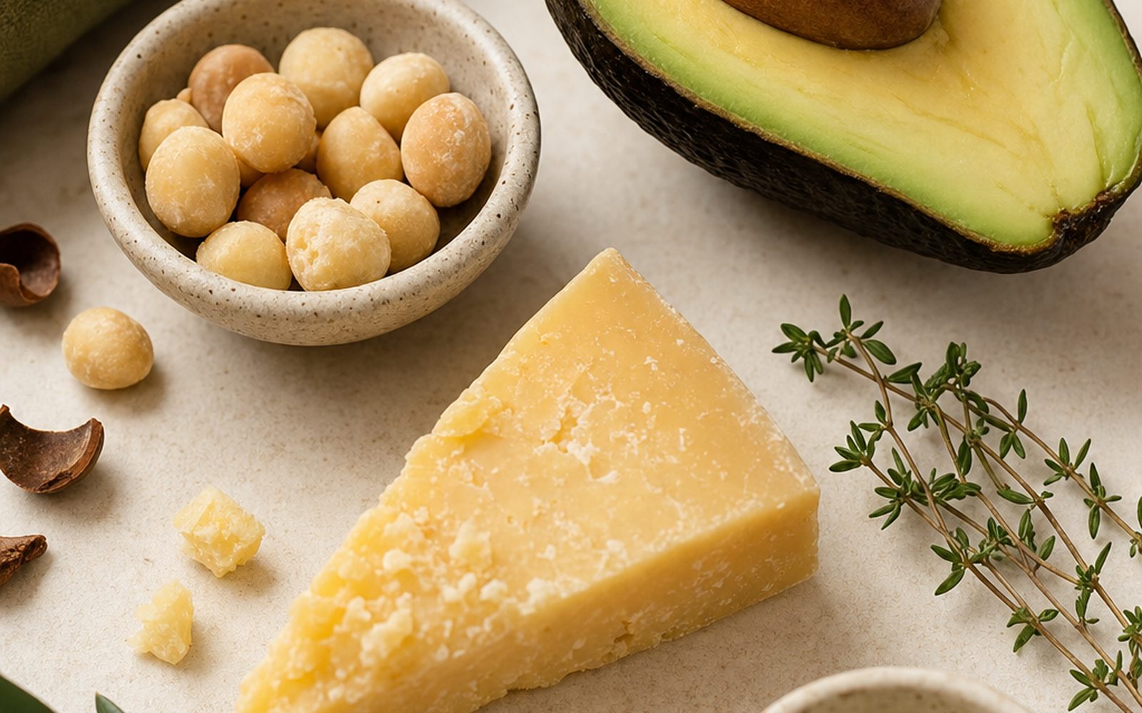 Keto-friendly food flat lay: avocado, macadamia nuts, aged cheese, fresh thyme
