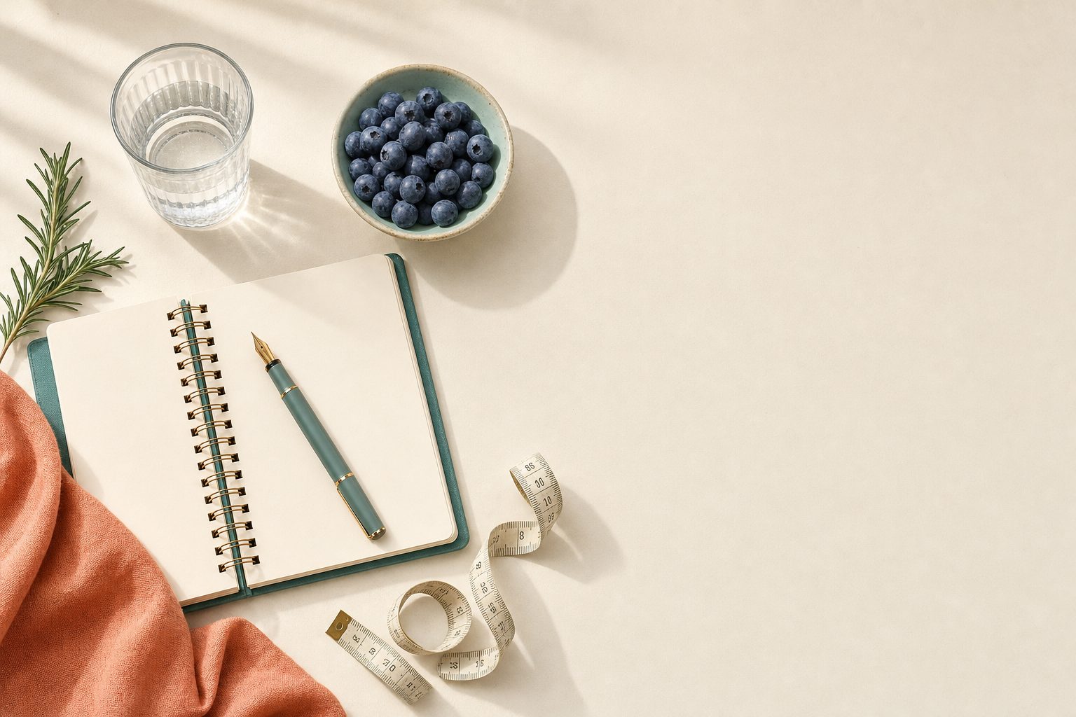 Wellness flat lay: open notebook, glass of water, fresh blueberries, and a measuring tape on a warm cream surface