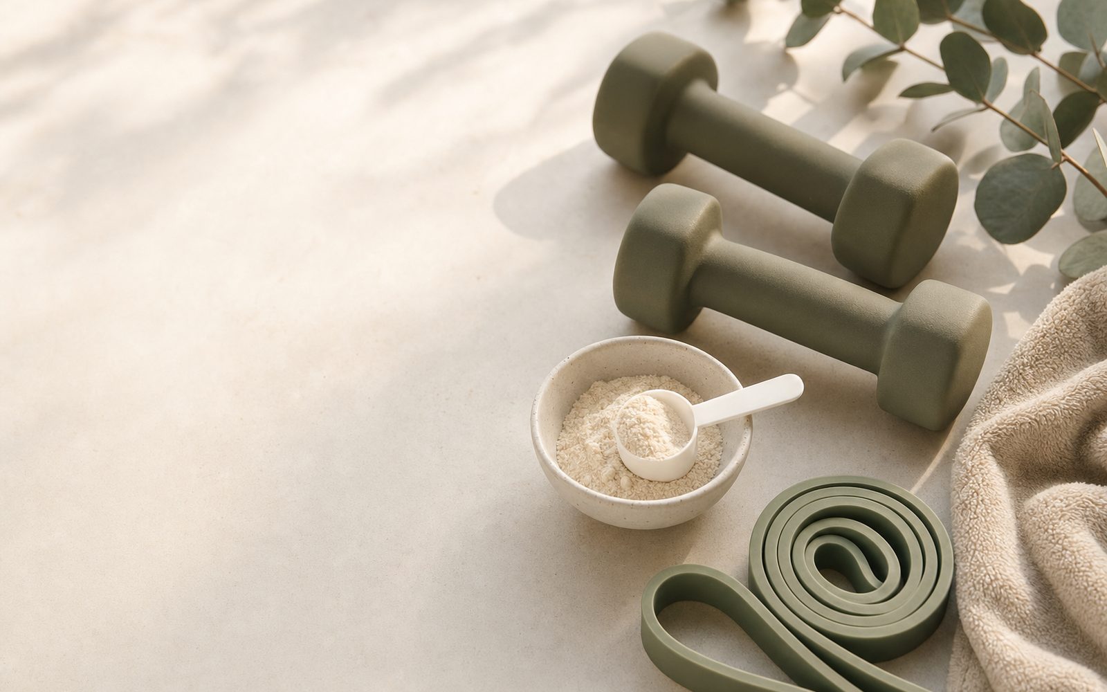 Strength-training flat lay: dumbbells, resistance band, protein powder, towel — preserving muscle on GLP-1