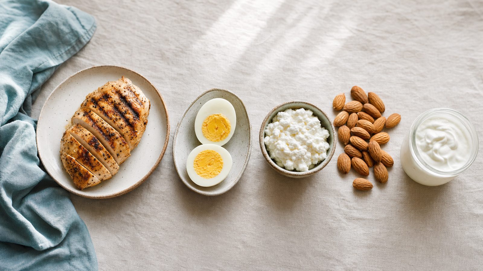 Plated protein foods: grilled chicken, eggs, and cottage cheese on a warm-toned ceramic plate