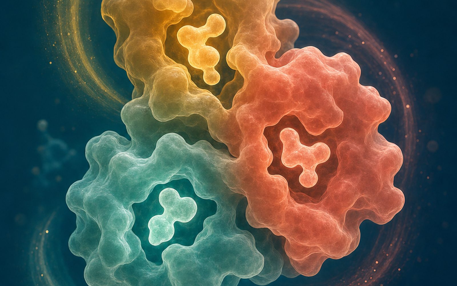 Stylized triple-agonist molecular illustration on deep teal background — retatrutide weight loss results