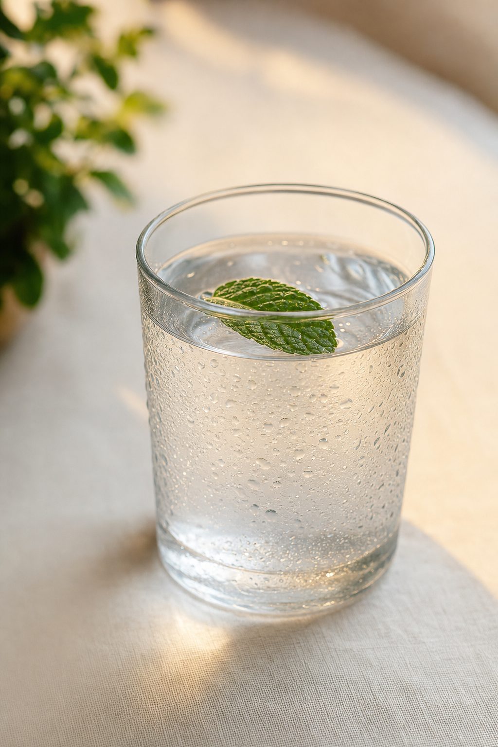 A clear glass of cool water with a fresh mint sprig — a calming, ginger-and-water side-effect remedy