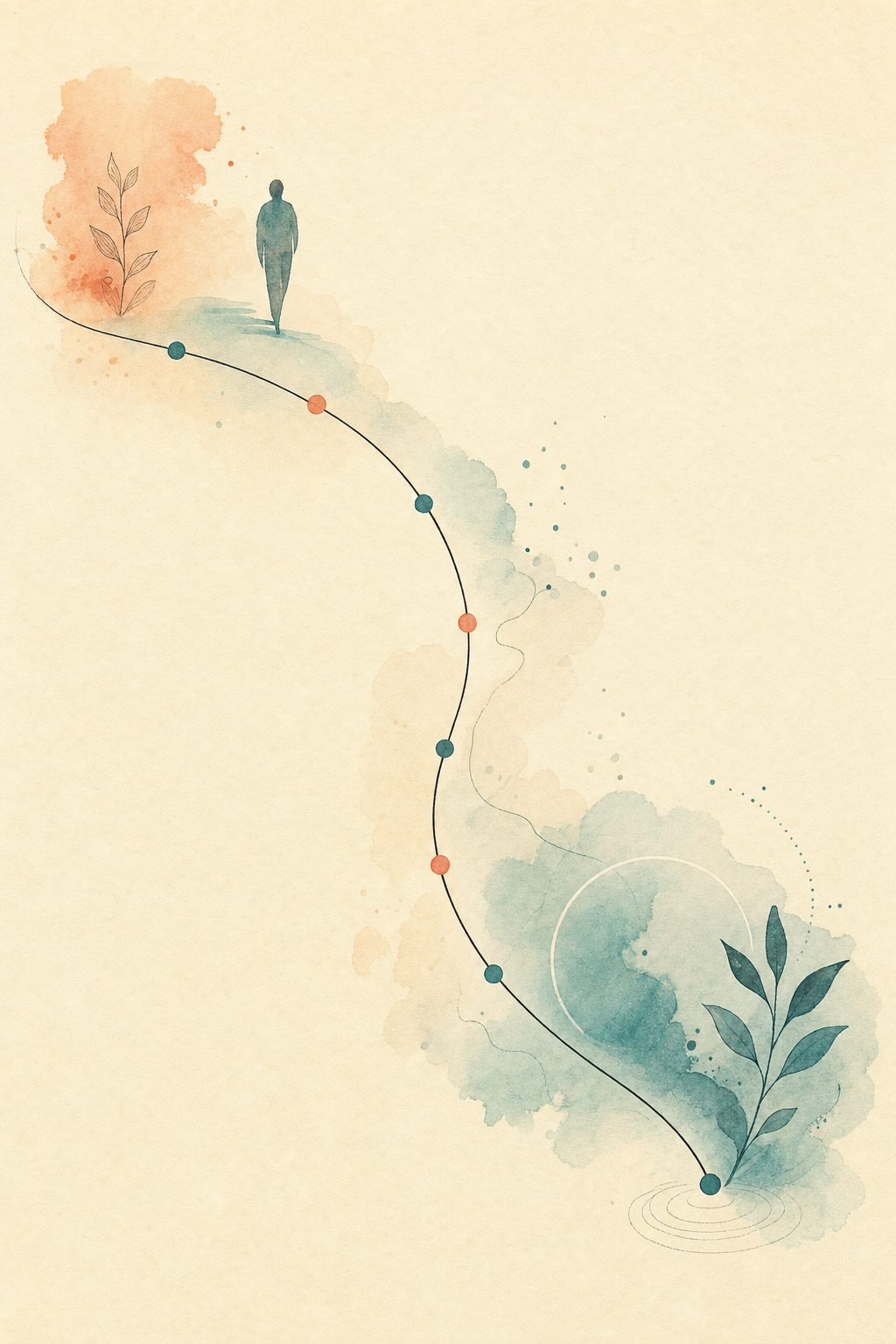 Watercolor S-curve illustration of a figure walking along a winding weight-loss path